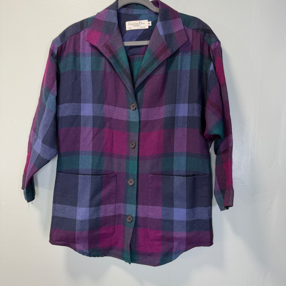 Vintage Christian Dior Separates Plaid Wool Shirt Jacket Purple Teal Size 4
